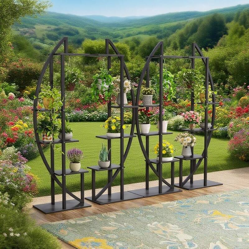 Black-Brown Wood Metal 10-Tier Curved Plant Display Shelf Stand - 19.7" x 11.8" x 63"