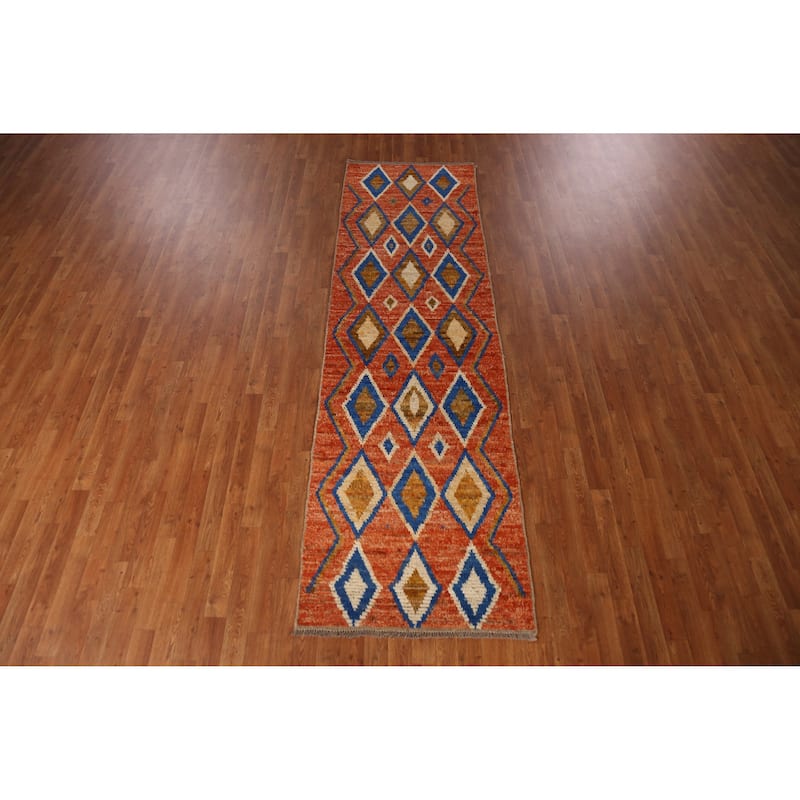 Orange Moroccan Oriental Runner Rug Hand-Knotted Tribal Wool Carpet - 2'10" x 9'9"