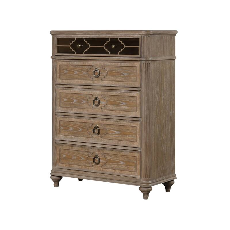 Lyla Tall Dresser Chest, 5 Drawers, Rustic Oak Brown Solid Wood Frame