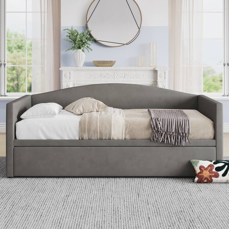 Twin Size Daybed with Extended Pop Up Trundle, Upholstered Sofa Bed Daybed