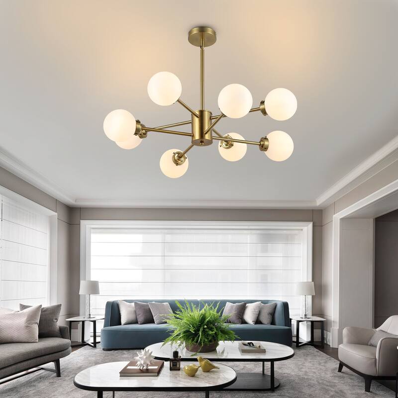 MLiAN 8-Light Sputnik 4.7" Opal Glass Globe Shade Linear Chandelier for Indoor Height Adjustable - N/A
