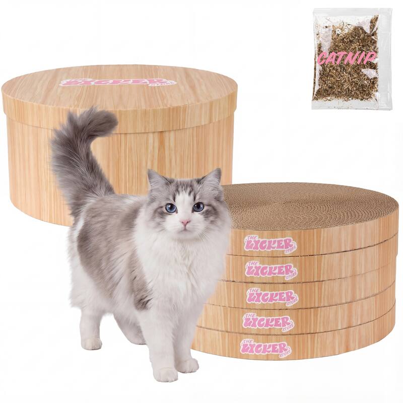 Kate 12" Cardboard Reversible Cat Scratcher Pad in Box with Catnip, (5-Pack) - Assembled - Brown Wood Finish