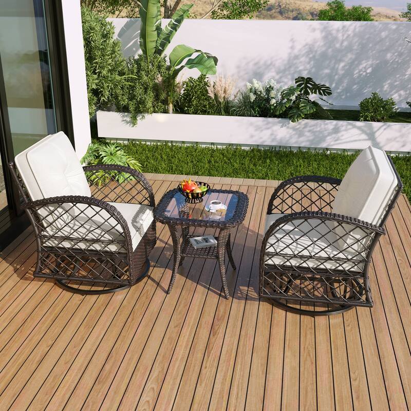 3-Piece Outdoor Rattan Seating Group with 2 Swivel Chairs & 1 Square Table