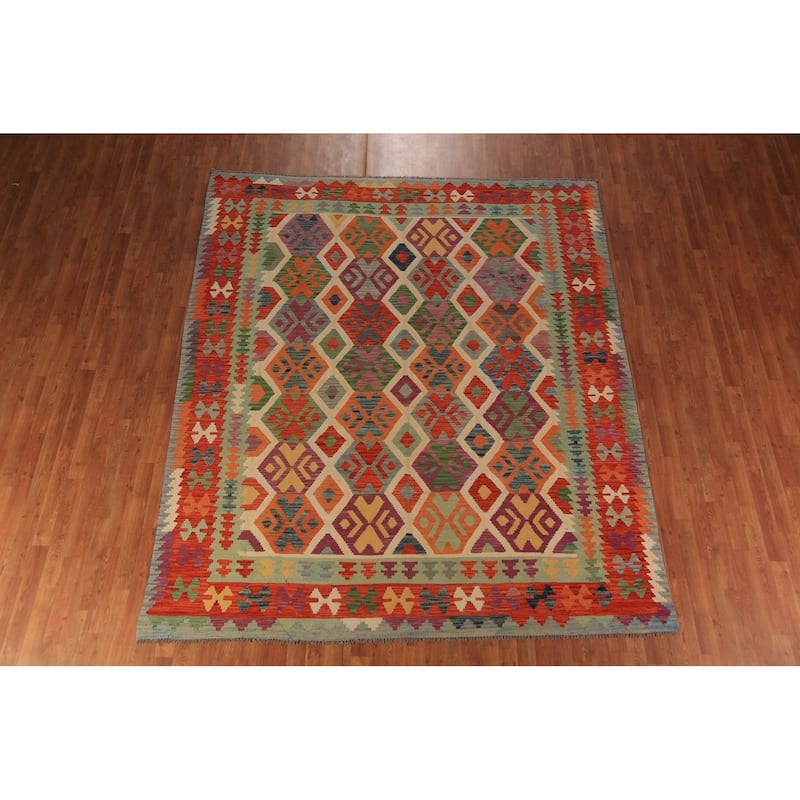 South Western Style Kilim Oriental Rug Hand-Woven Wool Carpet - 8'1"x 9'9"
