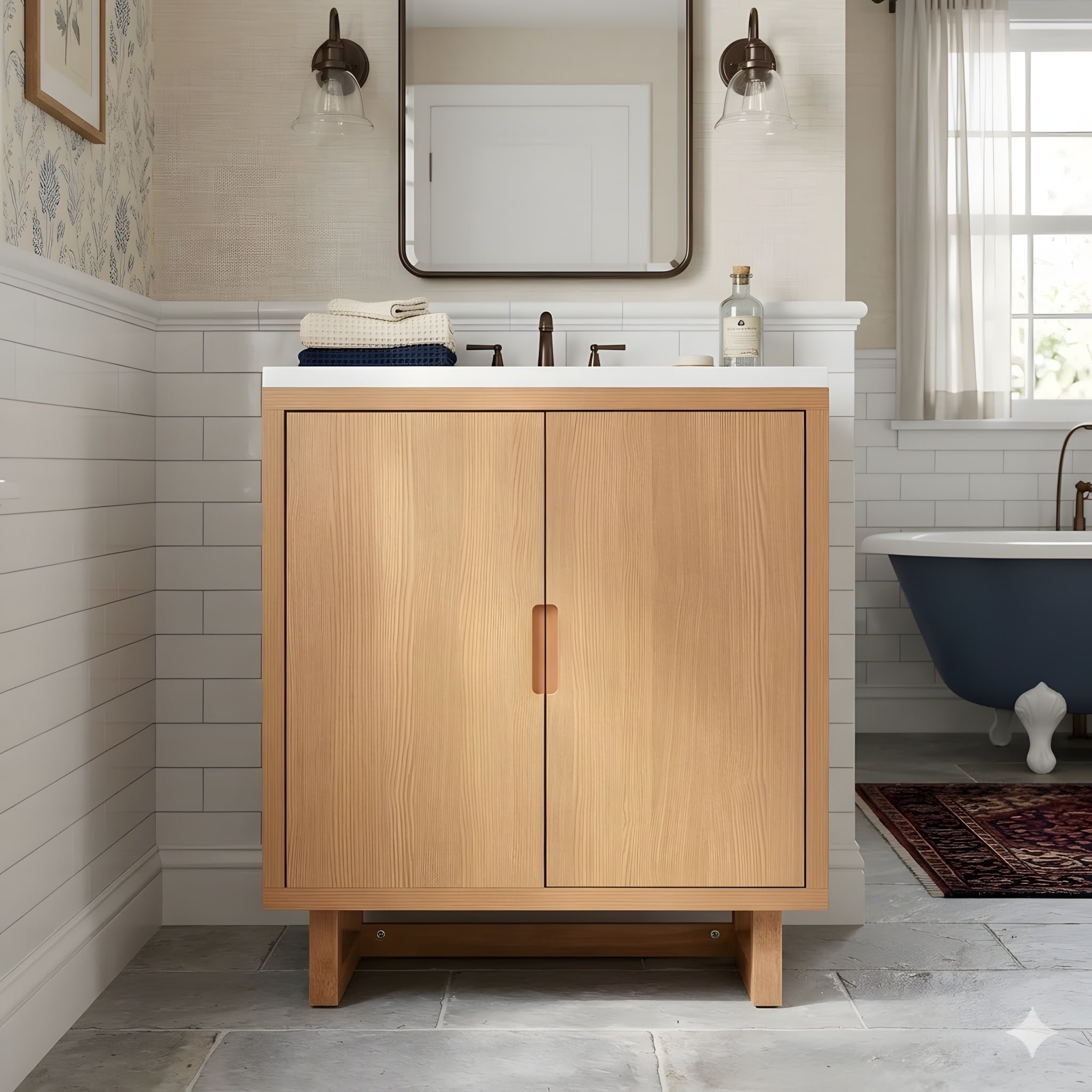 30-inch bathroom vanity set, including a sink, vanity cabinet, and bathroom storage cabinet, with a solid wood frame