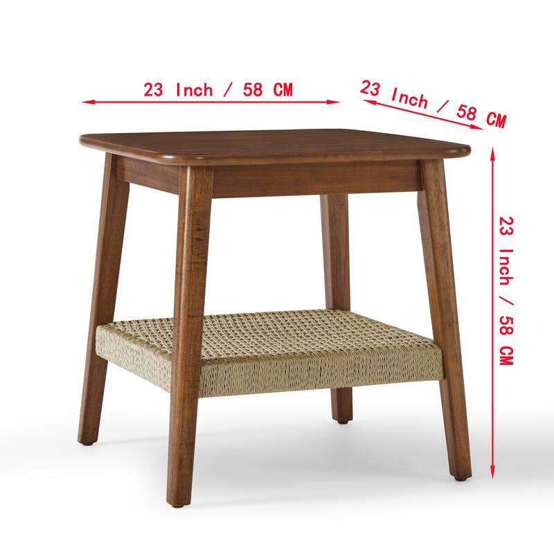 23" Mid-Century Side Table with Woven Shelf
