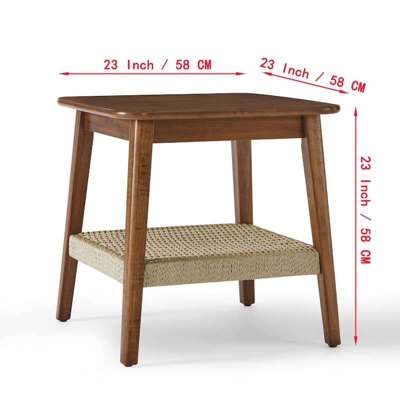 Roomfitters 23" Mid-Century Side Table, Dark Walnut Solid Wood Boho End Table, Woven Storage Shelf, Bedroom Living Room