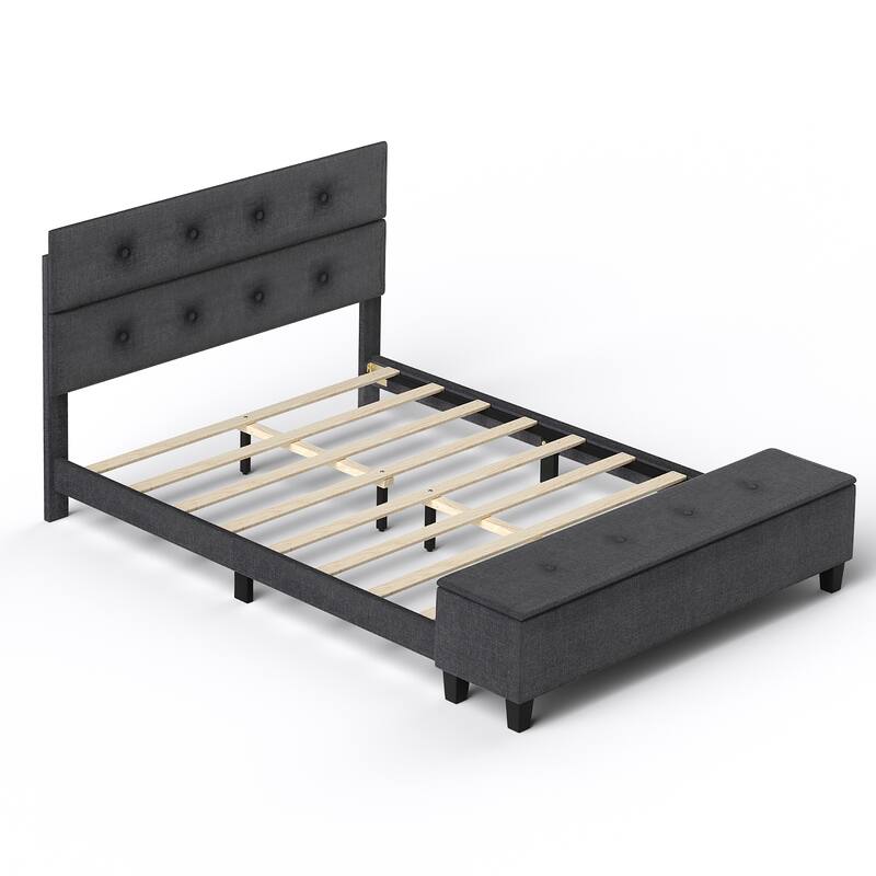 Costway Full Upholstered Bed Frame with Ottoman Storage Linen Button