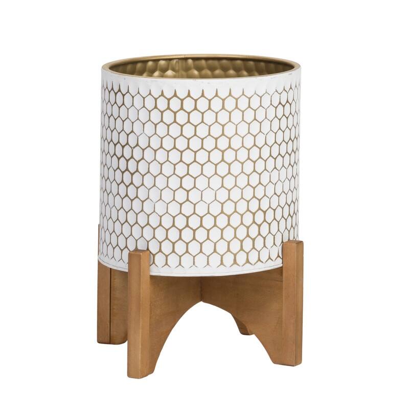 Honeycomb Mid-Century Modern Indoor Metal Pot Planter with Arch Wood Base