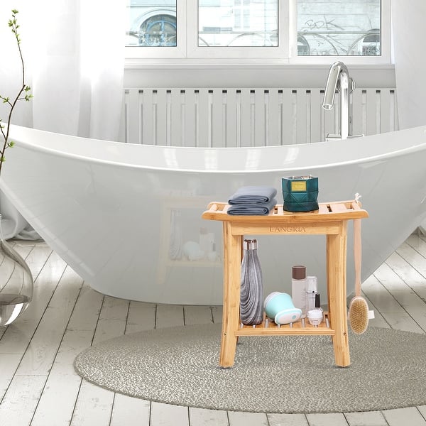 Langria Bamboo Shower Bench With Storage Shelf Rubber Feet Hanging Rods Bathroom Furniture Overstock 30686706
