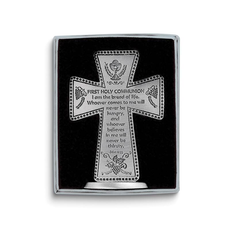 Curata First Holy Communion with John 6 Verse Small Standing Pewter Cross