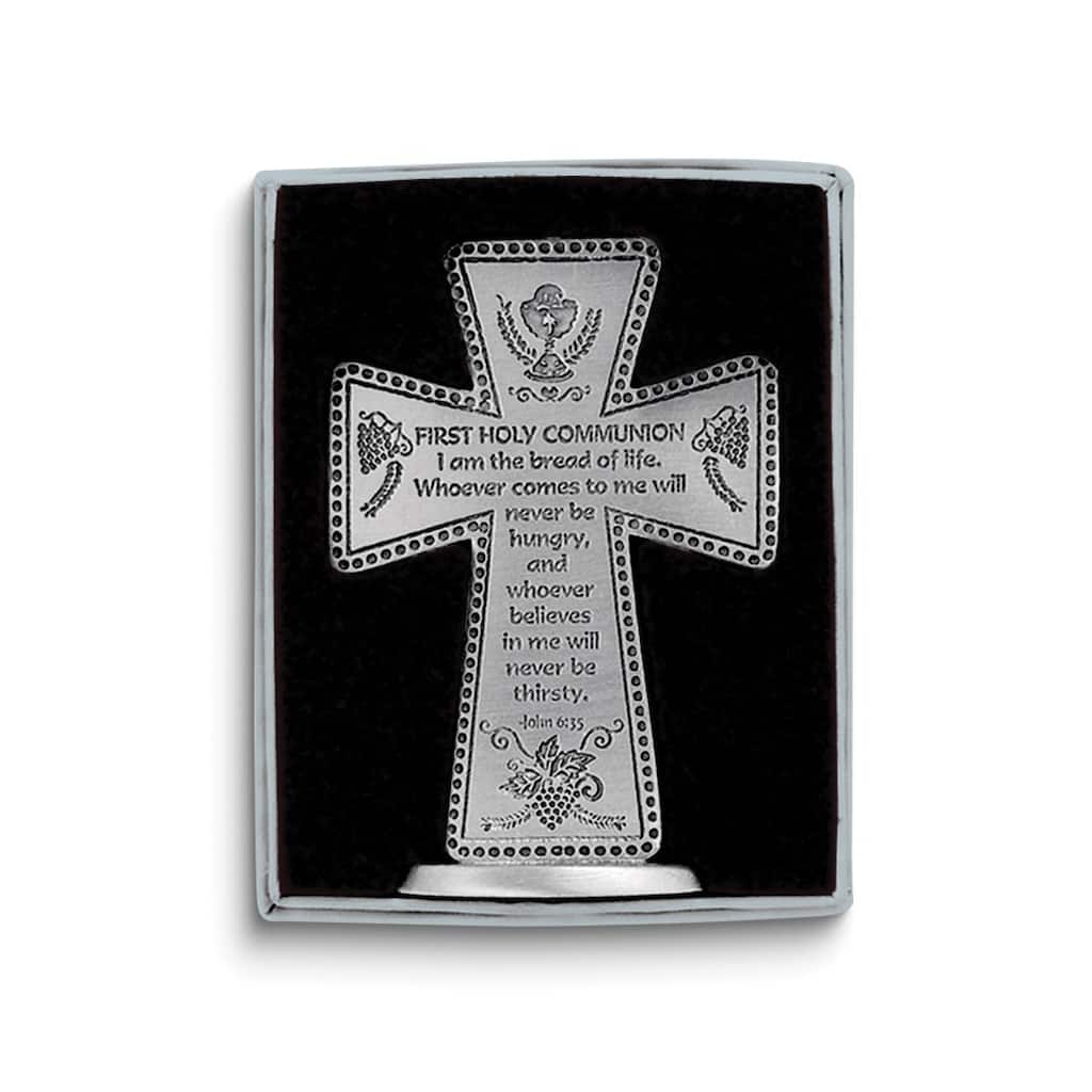 Curata First Holy Communion with John 6 Verse Small Standing Pewter Cross