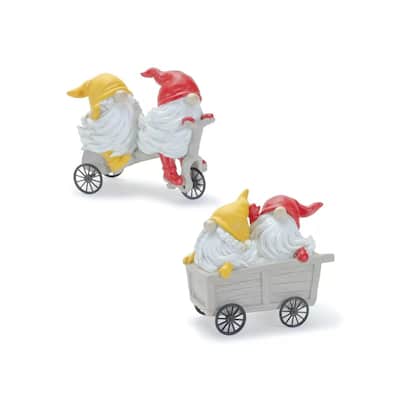 Garden Gnome Figurine Riding a Scooter and Wheelbarrow - 5.5" - Yellow - Set of 2