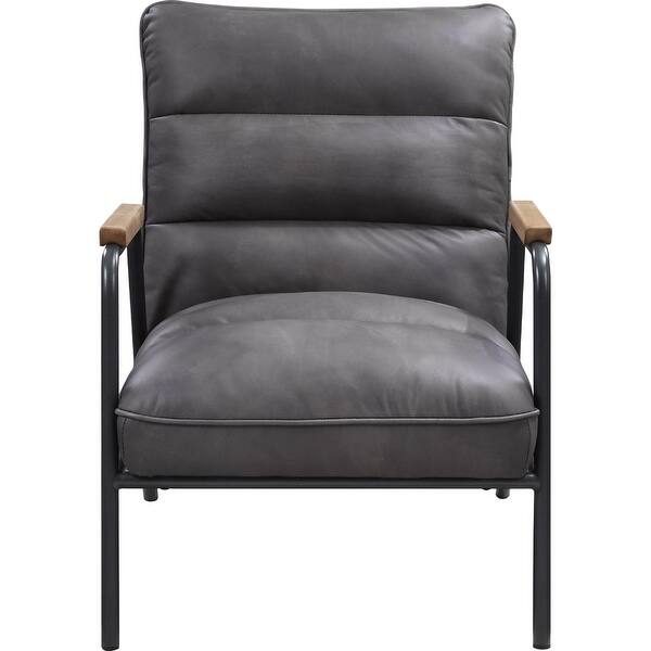 Top Grain Leather Accent Chair with Metal Legs in Gray and Matt Iron Bed Bath & Beyond 36764502