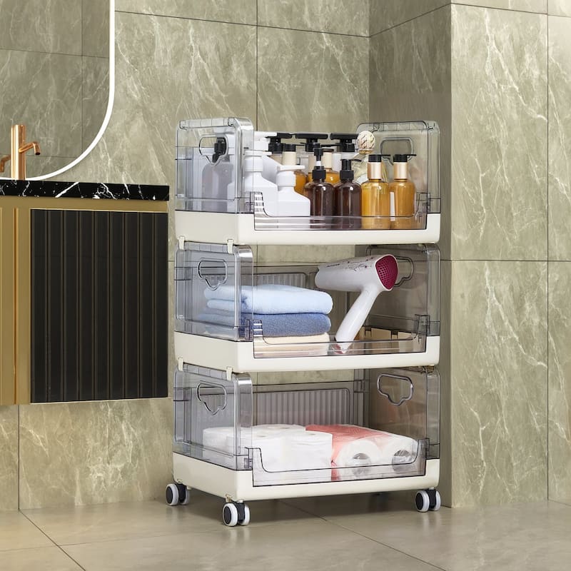 Javlergo 3 Tier Utility Carts, Rolling Metal Storage Cart with Handle and Lockable Wheels, Multifunctional Storage Shelves