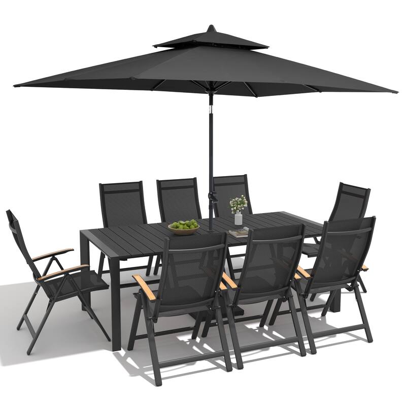 9/11-Piece Outdoor Patio Dining Set Aluminum Dining Table and Chairs w/10 ft Market Umbrella and Base