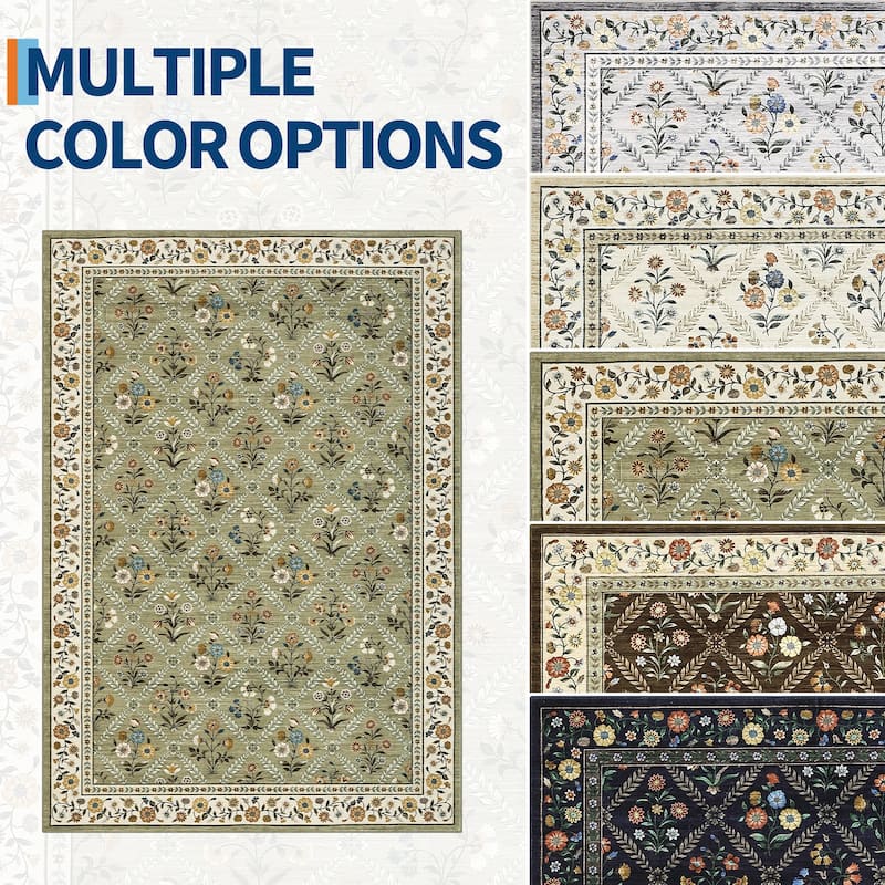 Floral Area Rugs for Living Room Bedroom Soft Farmhouse Washable Rug Non-Slip Low Pile Accent Carpet