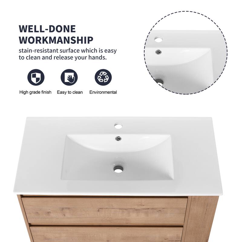 35.9-Inch Modern Bathroom Vanity with Ceramic Sink, Adjustable Side Shelf, Soft-Close Drawers, and 45° Beveled Invisible Handle
