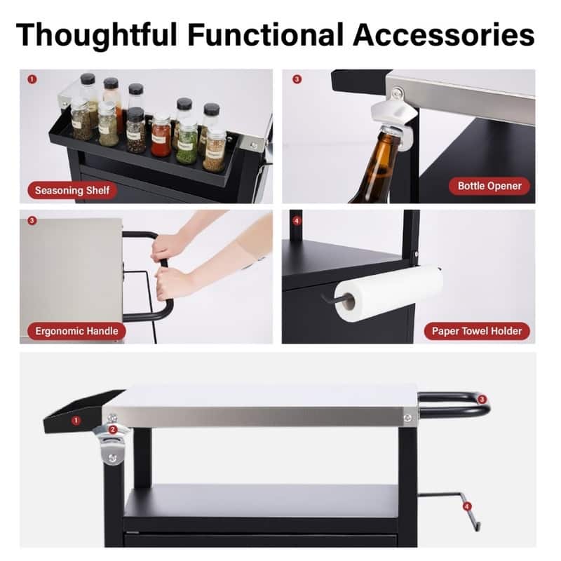 4-Wheel Black BBQ Cart With Stainless Steel Top, Single-Door Cabinet Grill Station - N/A