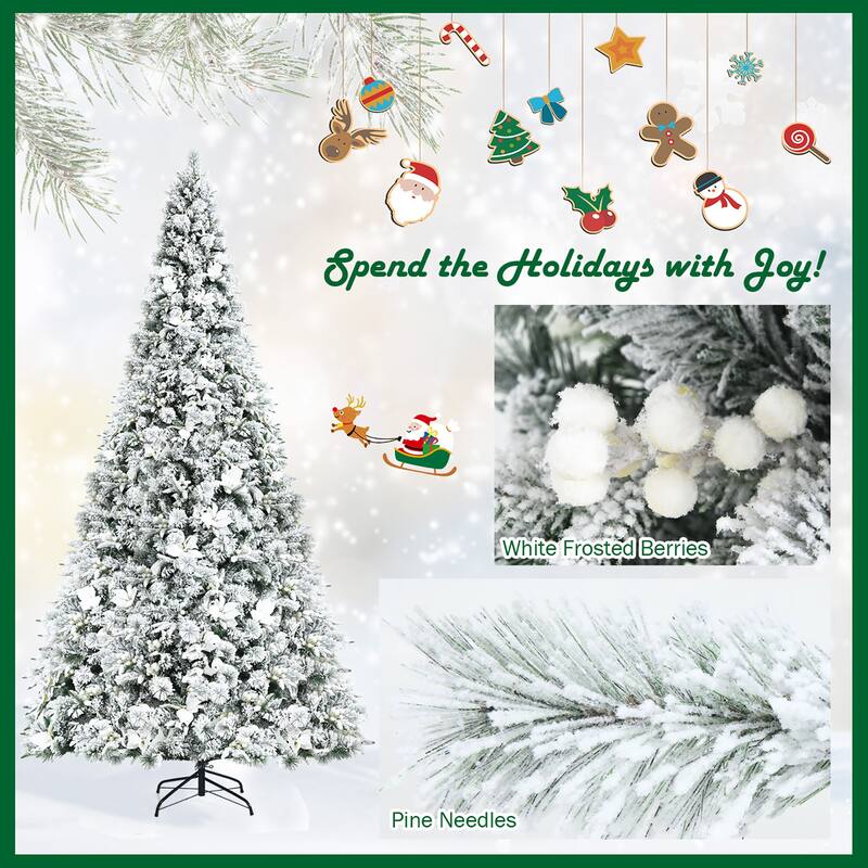 Costway 8ft Snow Flocked Hinged Christmas Tree w/ Berries & Poinsettia - See details