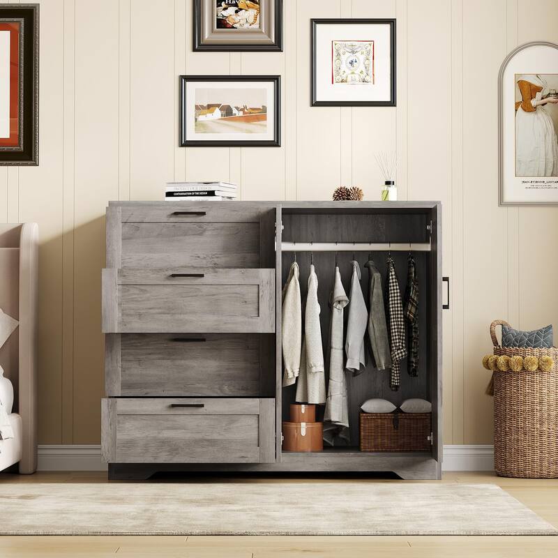 Wood Armoire Wardrobe Closet with 4 Drawers and Door, 43.3" H Bedroom Wardrobe Cabinet with Hanging Rod