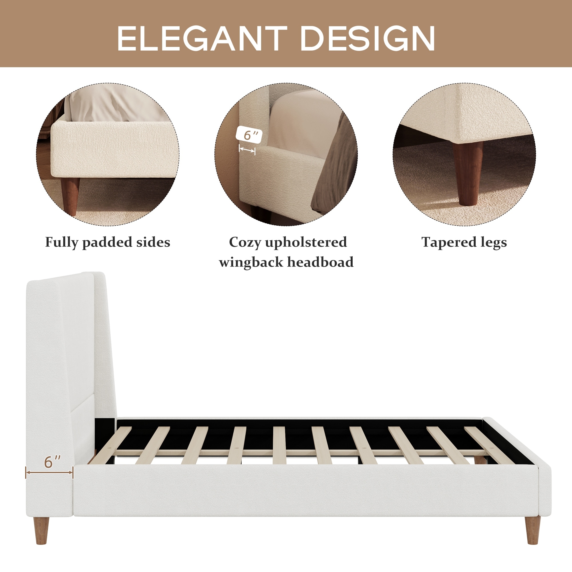 Modern Ivory Boucle Upholstered Platform Bed with Wingback Headboard and Walnut Wooden Legs