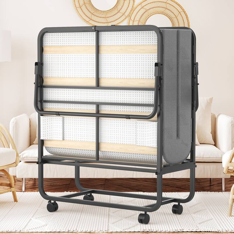 Folding Bed with Mattress,Portable Rollaway Bed on Wheels with Memory Foam Mattress - Twin XL