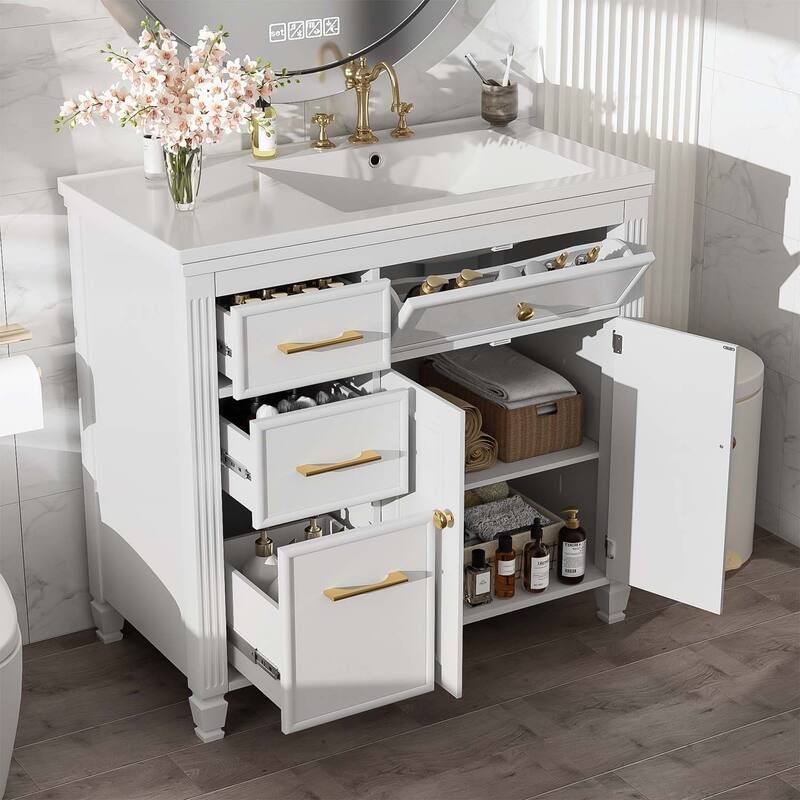 Bathroom Vanity Cabinet with Sink,with One Tip-out Drawer,3 Side Drawers,Adjustable Shelf