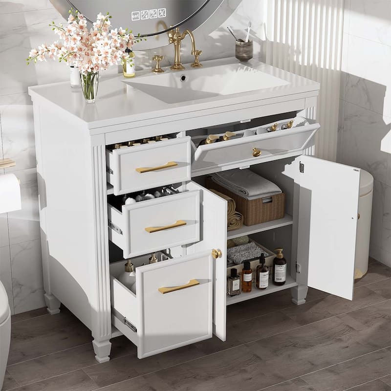 Freestanding Vanity Set with One Tip-out Drawer,3 Side Drawers,Adjustable Shelf