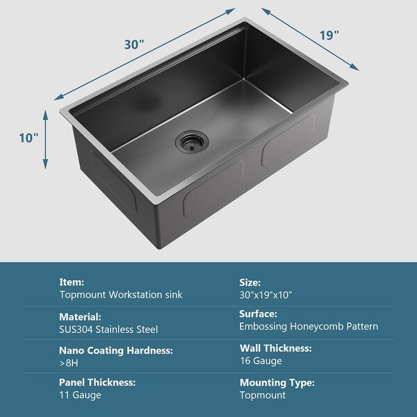 Single Basin Kitchen Sink 30-inch -Honeycomb Pattern Nano