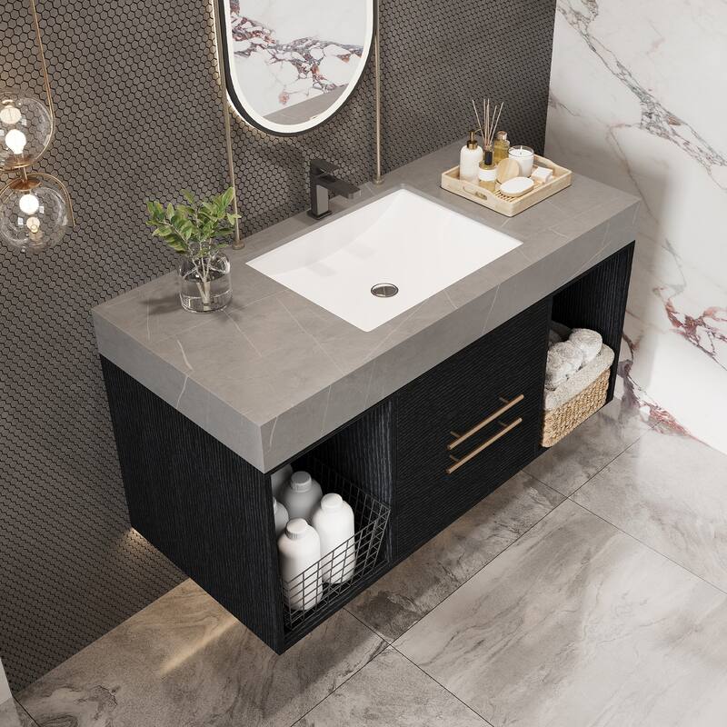 GDFStudio - Modern 39.4" Wall Mounted Floating Sintered Stone Bathroom Vanity with Seamless Ceramic Sink & Soft-Close Drawers