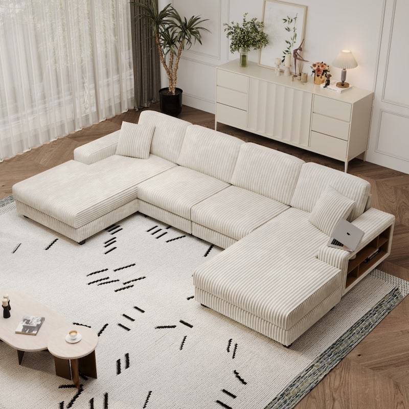 Modern Convertible U-shaped Wood Frame Sectional Sofa with Storage Armrests