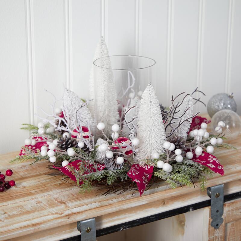 15" Artificial Lighted Forest Christmas Candle Holder