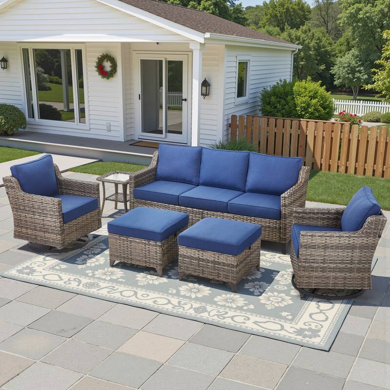 Glissia 6-Piece Gray Wicker Patio Conversation Set with Swivel Gliders and Ottomans - Navy Blue Cushions - Gray Wicker