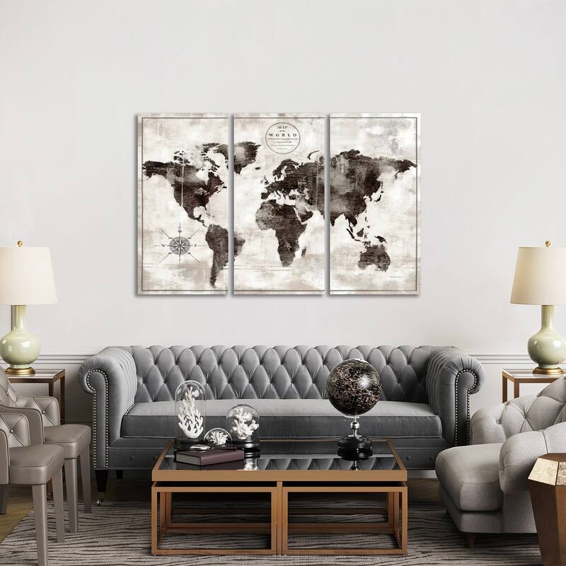 iCanvas "Rustic World Map Black and White" by Marie Elaine Cusson 3-Piece Canvas Wall Art Set - 40x60x1.5