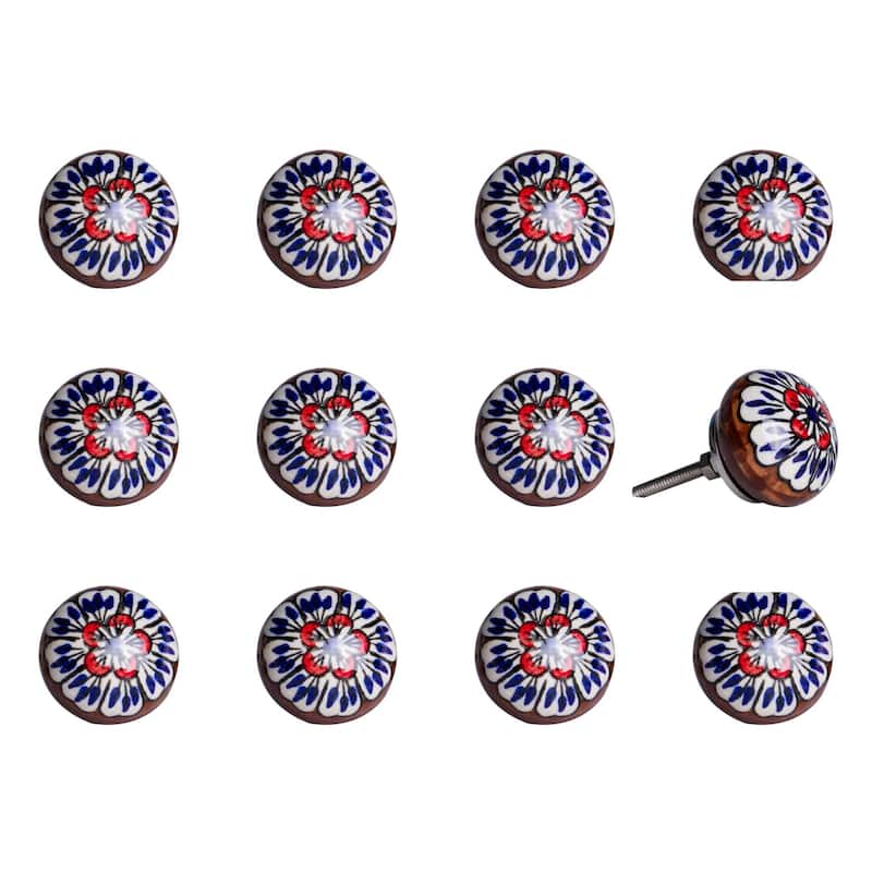 HomeRoots Set of Twelve Blue And White Floral Ceramic Drawer Pull Knobs - 1.5" x 1.5" x 1.5"
