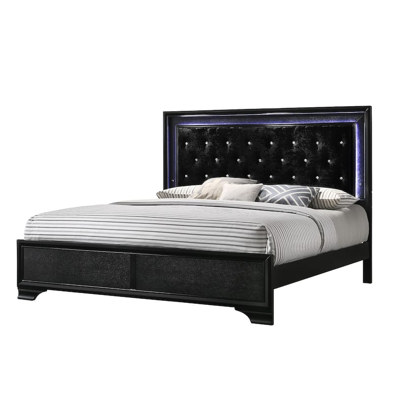 Nathalie 4 Piece Black LED Fabric Upholstered Tufted Panel Bedroom Set