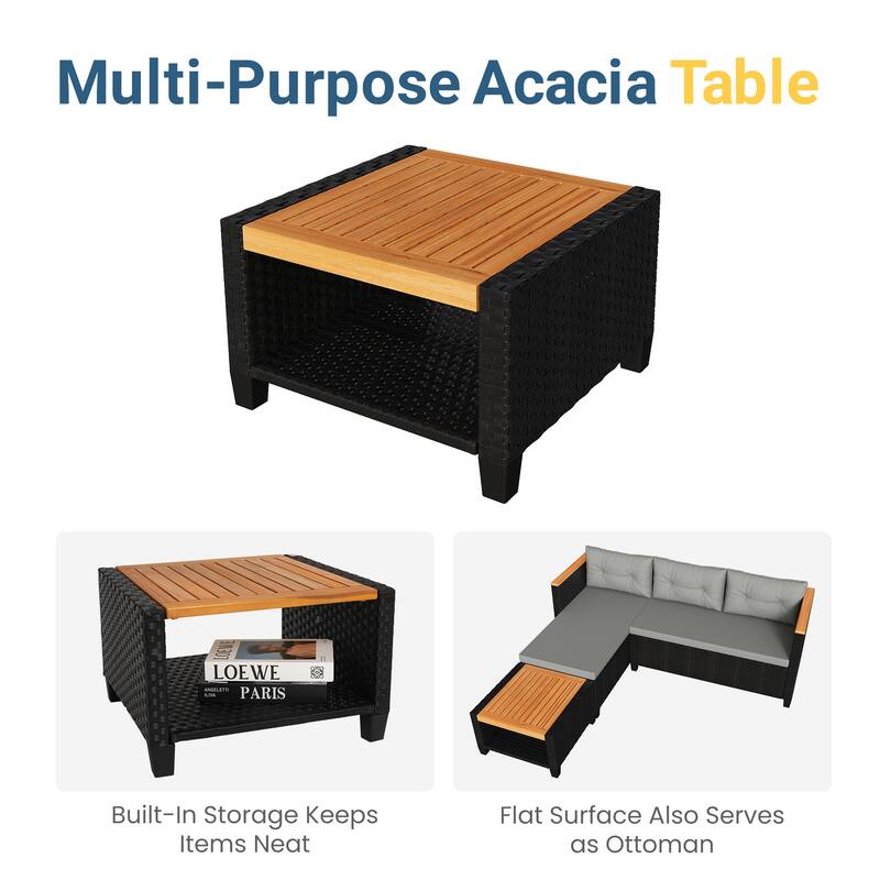 3-Piece L-Shaped Wicker Patio Set with Cushions & Table