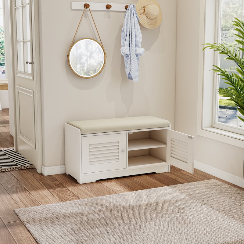 28.74" Shoe Storage Bench with 2 Door Cabinet, Entryway Bench Indoor Bench with Padded Seat and Adjustable Shelves
