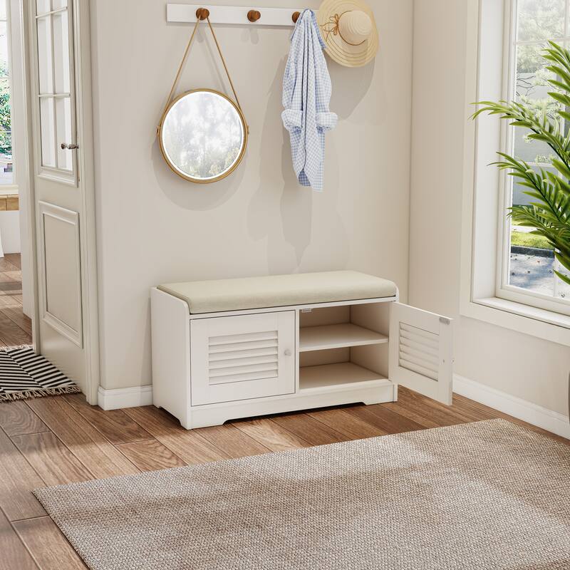 Anmytek Entryway Storage Bench with Cushion Shoe Organizer Seat for Small Spaces Modern White