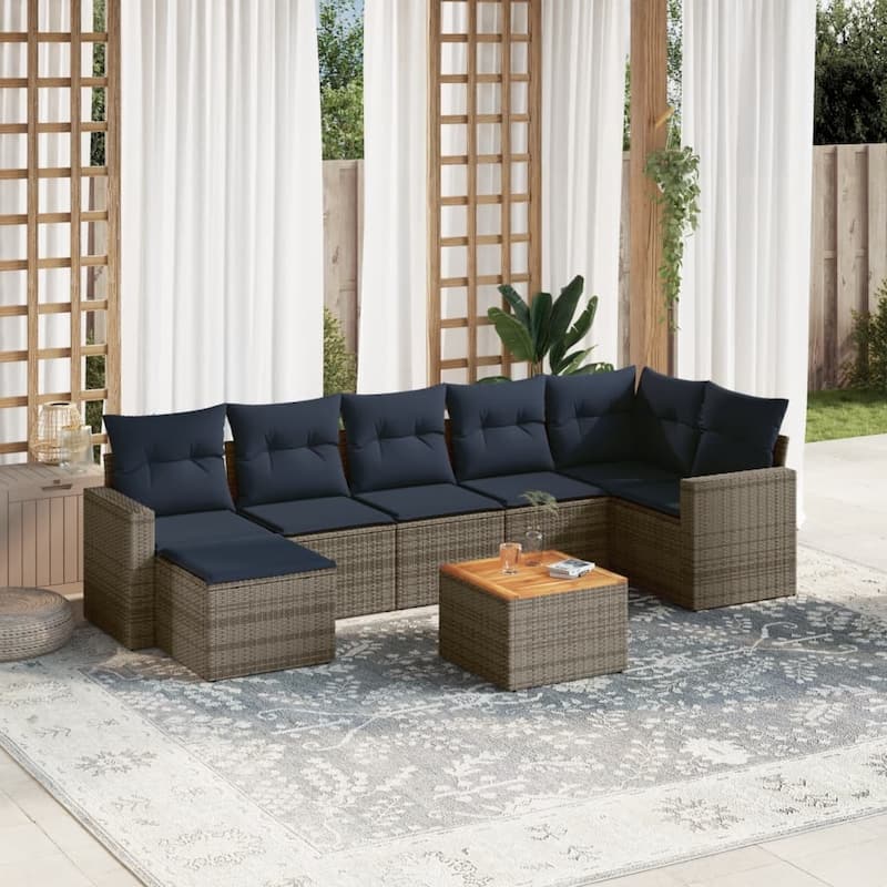 vidaXL 8 Piece Patio Sofa Set with Cushions Grey Poly Rattan - 24.4" x 24.4" x 27.2" - Grey - form1