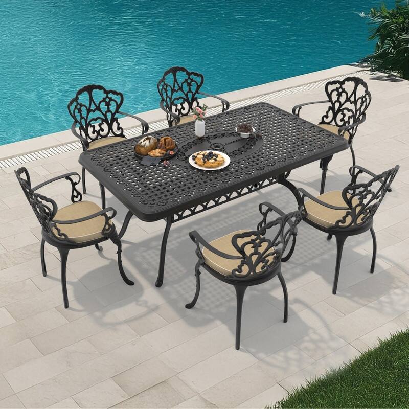 7-Piece Cast Aluminum Outdoor Dining Set with 66.93'' L X 37.40'' W Rectangular Table and Seat Cushions