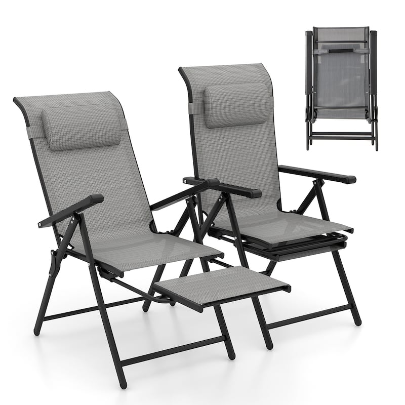 Gymax Folding Patio Chairs Set of 2 Lounge Chairs w/ 10-Level - Grey