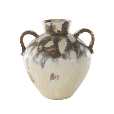 Ceramic Antique Style Pot Decorative Vase with Arched Handles - Cream - Roche River Decor
