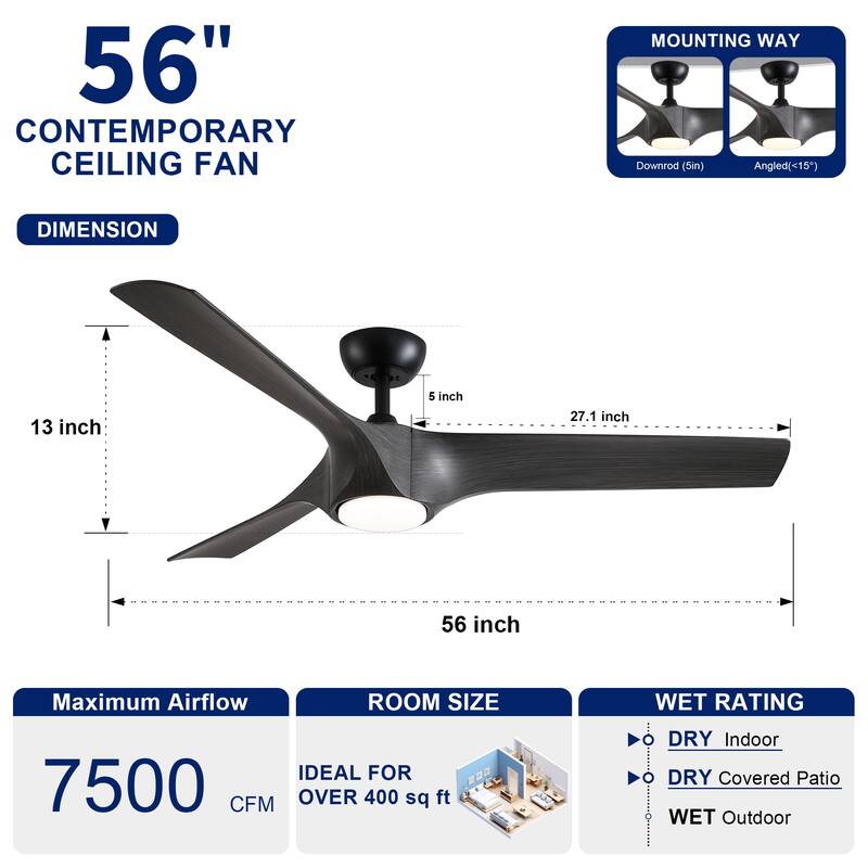 YUHAO 56 inch 6 Speed Quiet DC Motor Indoor Matte White Ceiling Fans with Lights and Remote Control