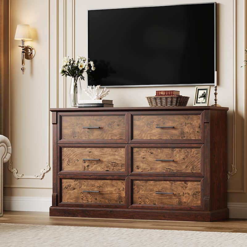 Farmhouse 6 Drawer Dresser for Bedroom, Rustic Chest of Drawers with Metal Handles, Large Double Dresser TV Stand