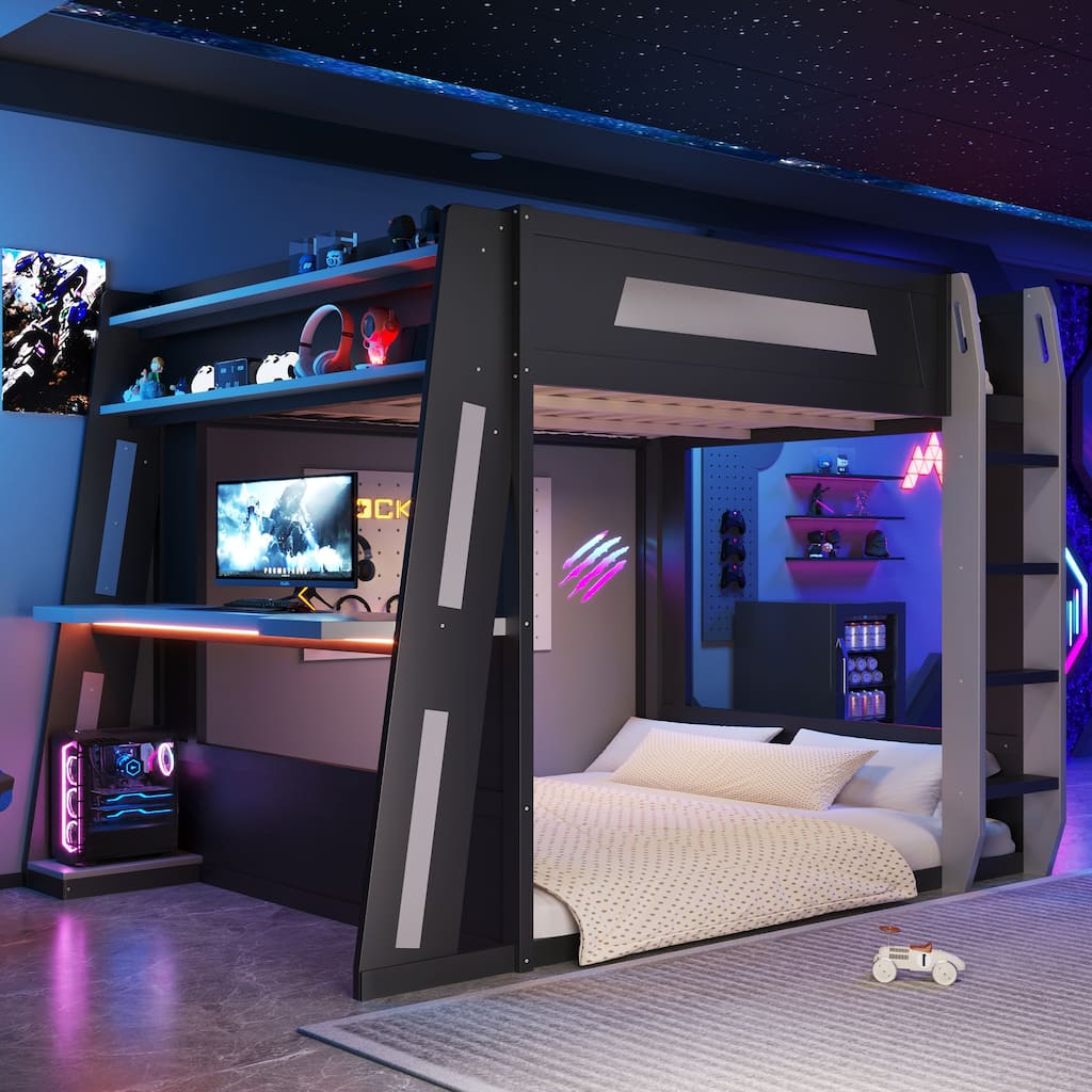 Queen Size Gaming Bunk Bed Gaming Loft Bed with Built-In Gaming Station Cable Management for Gamer Gaming Hotel Gaming Suite