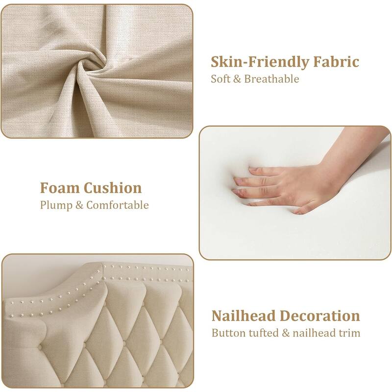 Canopy Platform Bed with Tufted Upholstered Headboard, Four-Poster Frame & Slide Rail, No Box Spring Needed