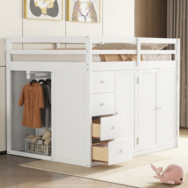 slide 2 of 18, Full Size Wooden Loft Bed With Built-in Wardrobes, Cabinets and Drawers White
