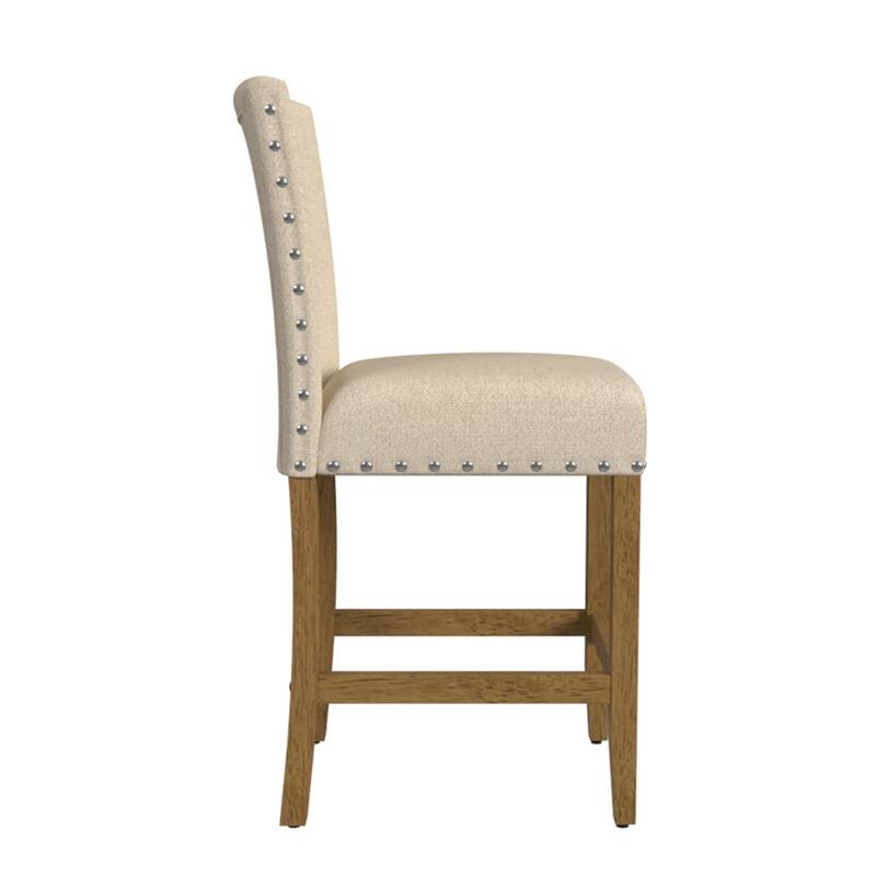 Siem Counter Stool Chair, Brown Beige Polyester Seat, Nailhead Trim